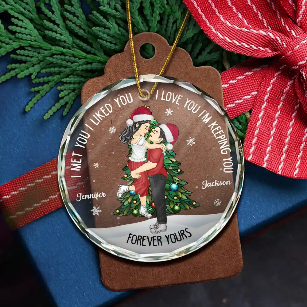 Christmas Couple Kissing Forever Yours - Personalized Circle Glass Ornament - Image 5