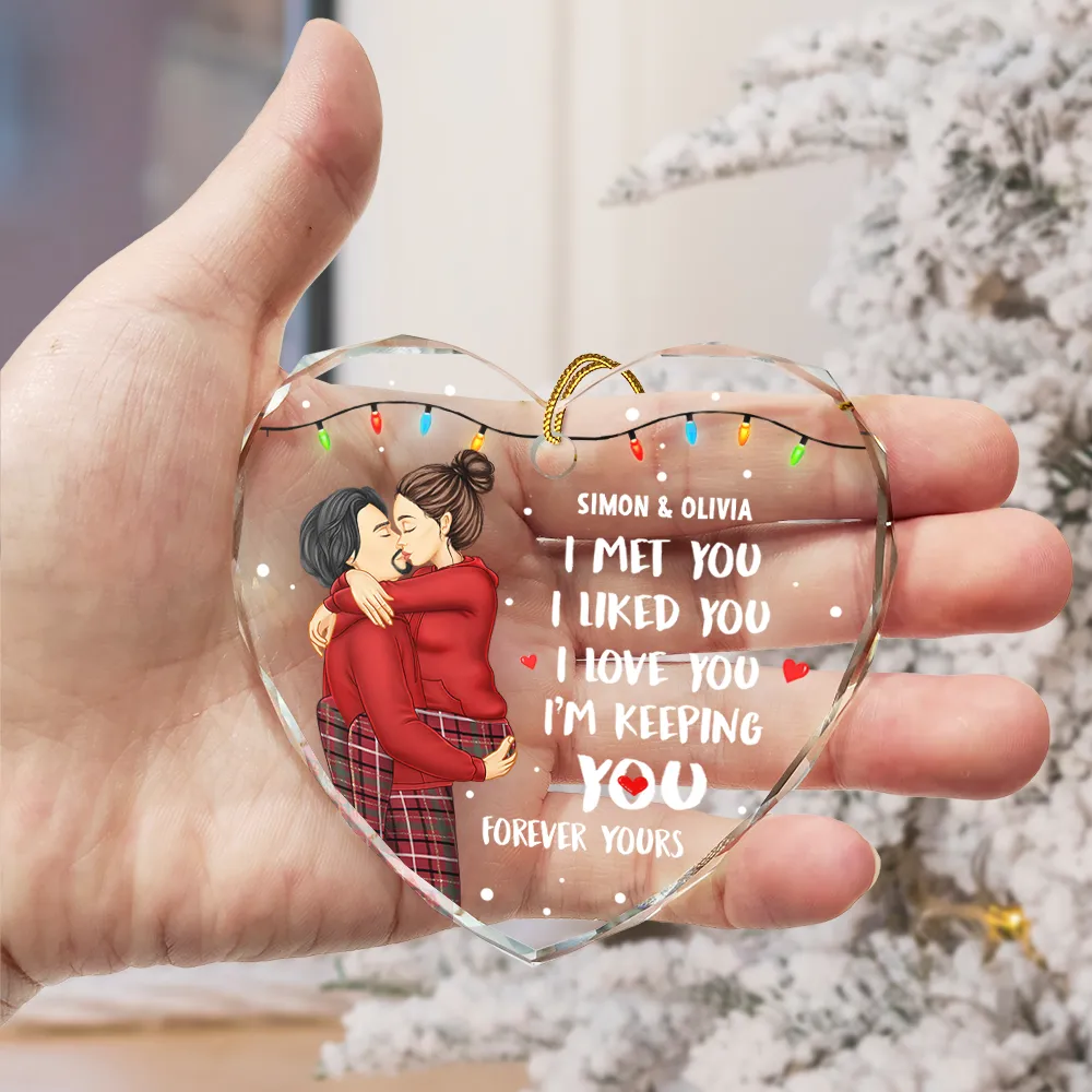 Christmas Couple Kissing Forever Yours - Personalized Heart Shaped Glass Ornament - Image 3