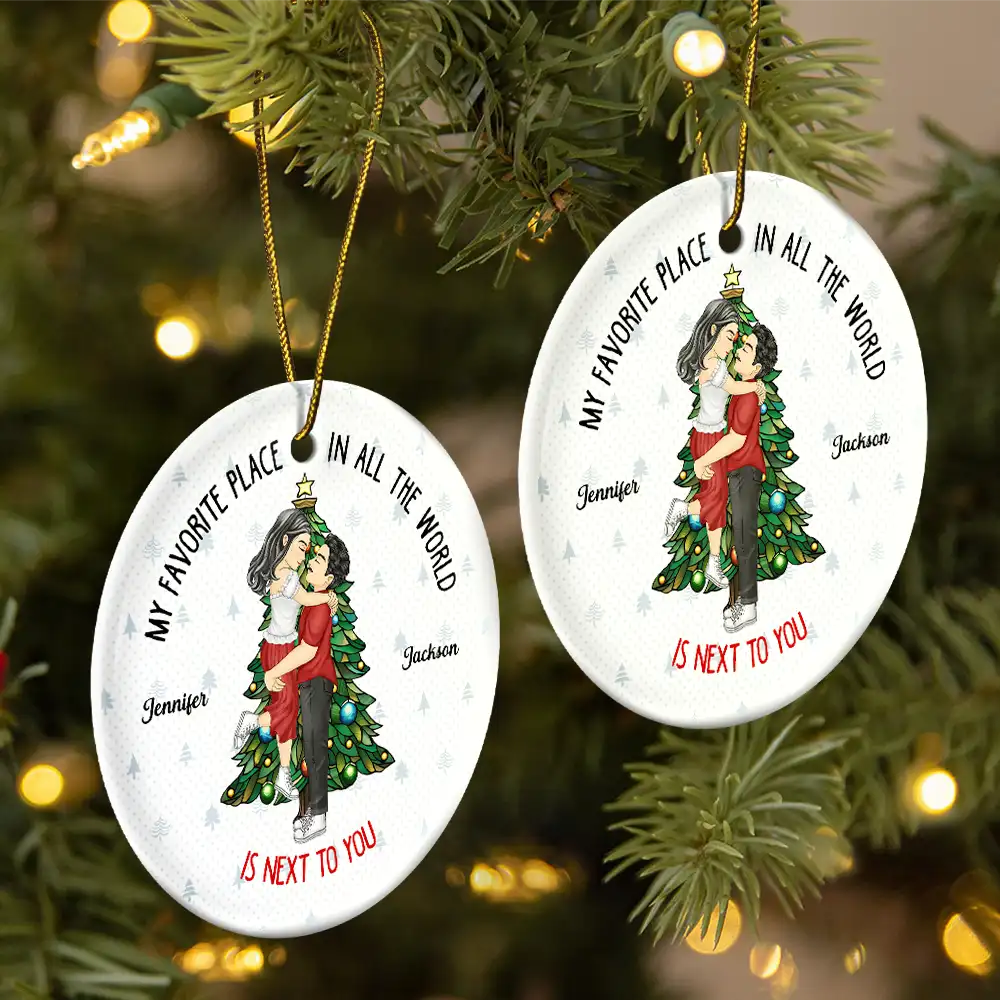 Christmas Couple Kissing My Favorite Place In All The World - Personalized Circle Ceramic Ornament - Image 2