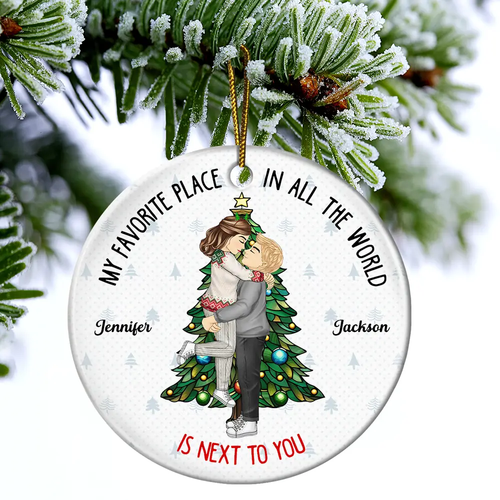Christmas Couple Kissing My Favorite Place In All The World - Personalized Circle Ceramic Ornament - Image 4