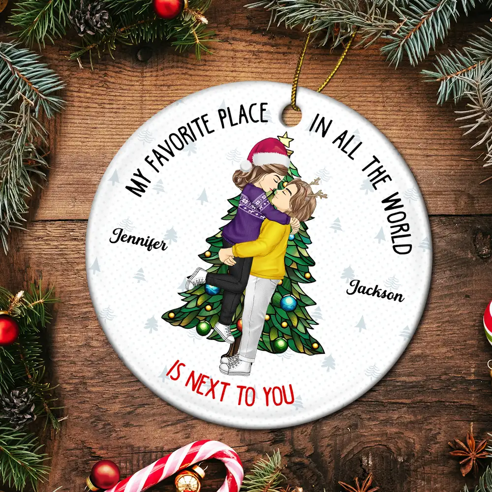 Christmas Couple Kissing My Favorite Place In All The World - Personalized Circle Ceramic Ornament - Image 5