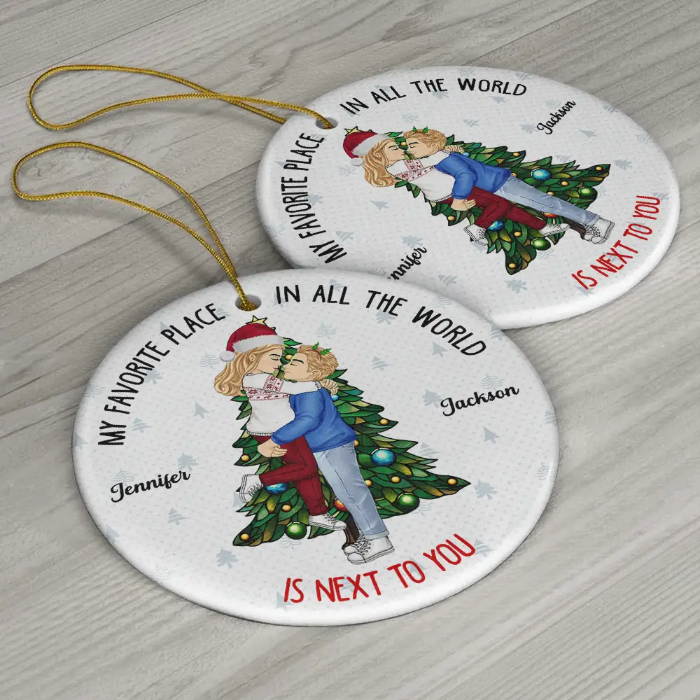 Christmas Couple Kissing My Favorite Place In All The World - Personalized Circle Ceramic Ornament - Image 6