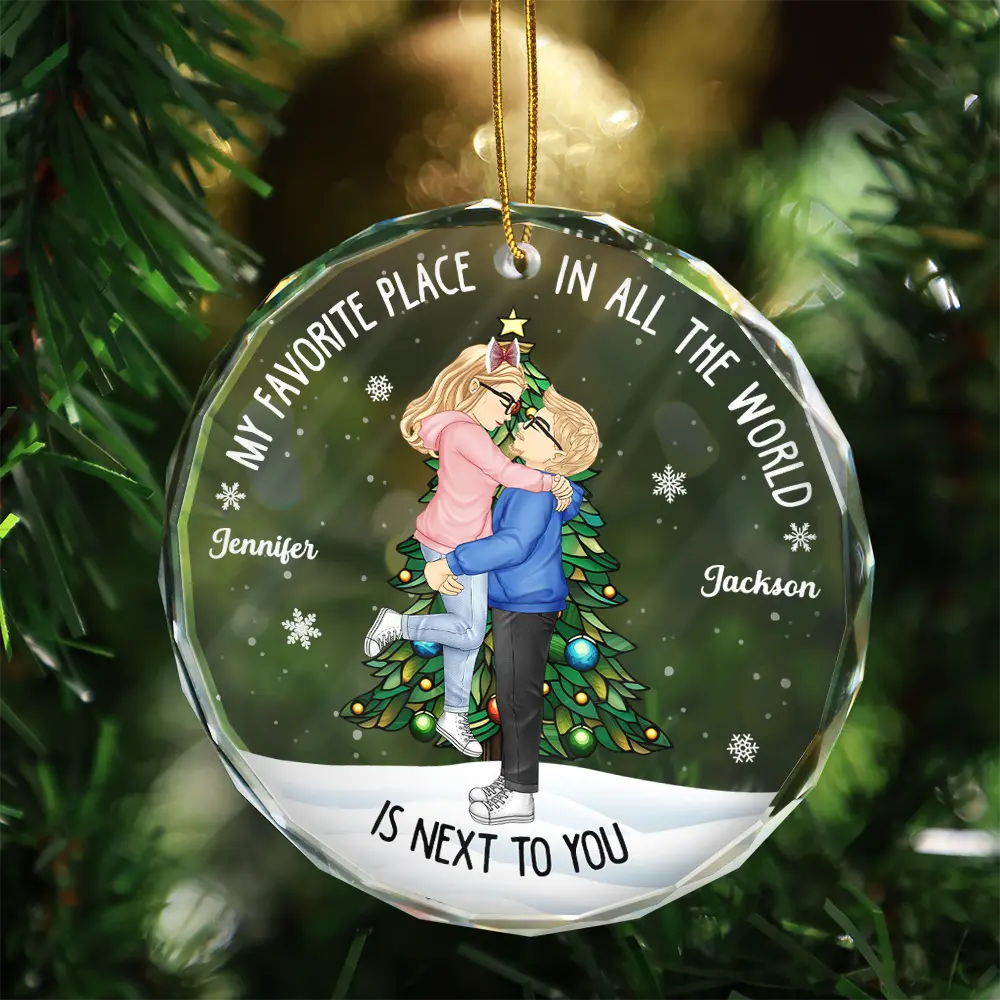 Christmas Couple Kissing My Favorite Place In All The World - Personalized Circle Glass Ornament - Image 3