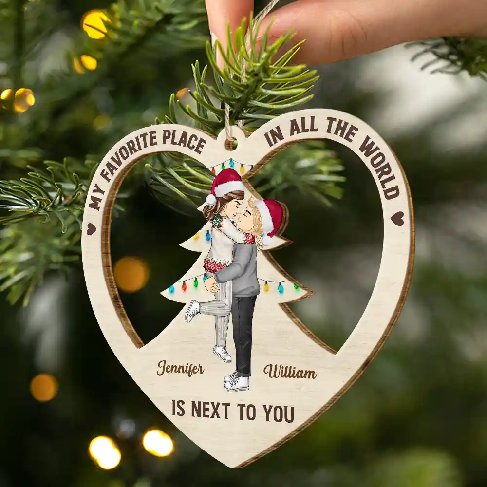 Christmas Couple Kissing My Favorite Place In All The World - Personalized Wooden Cutout Ornament - Image 2