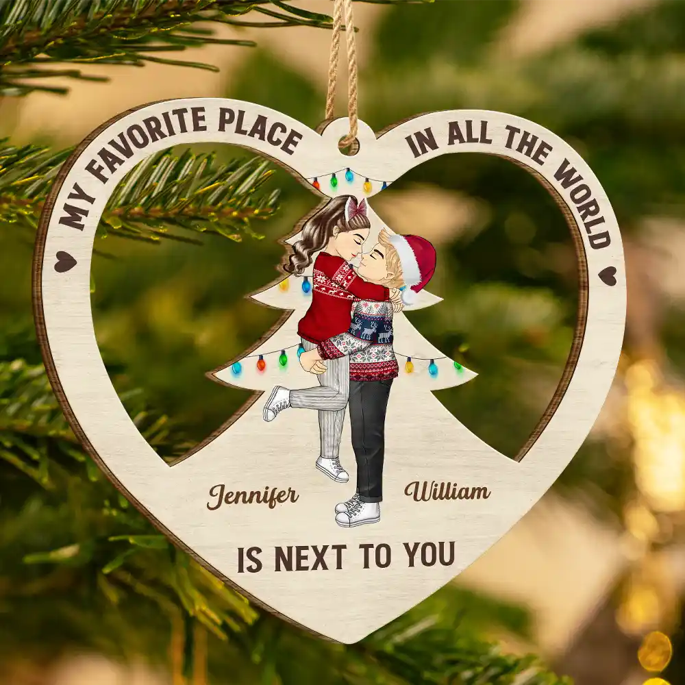 Christmas Couple Kissing My Favorite Place In All The World - Personalized Wooden Cutout Ornament - Image 3