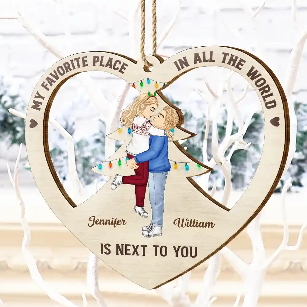 Christmas Couple Kissing My Favorite Place In All The World - Personalized Wooden Cutout Ornament - Image 4