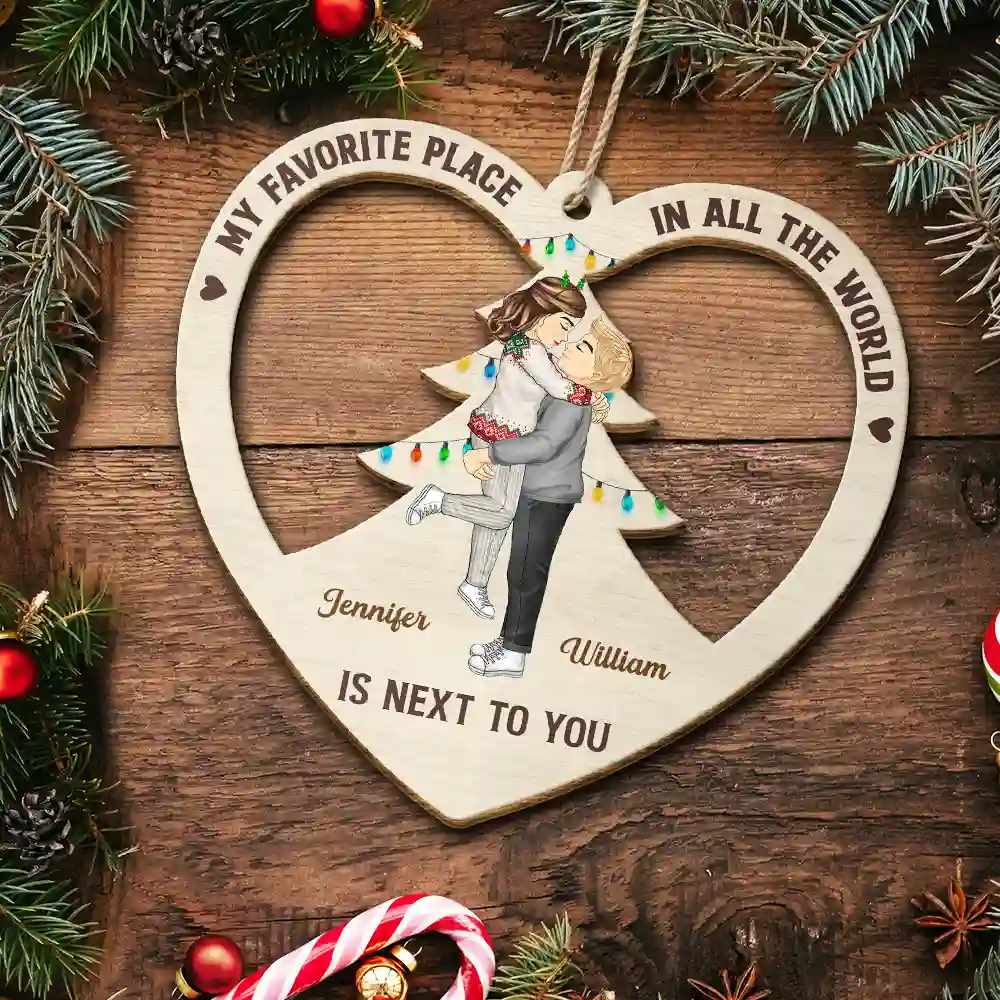 Christmas Couple Kissing My Favorite Place In All The World - Personalized Wooden Cutout Ornament - Image 5