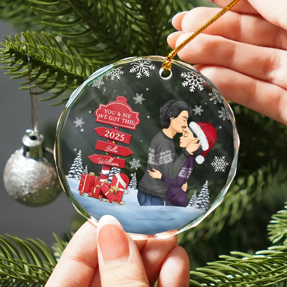Christmas Couple Kissing Sign - Personalized Circle Glass Ornament - Image 2
