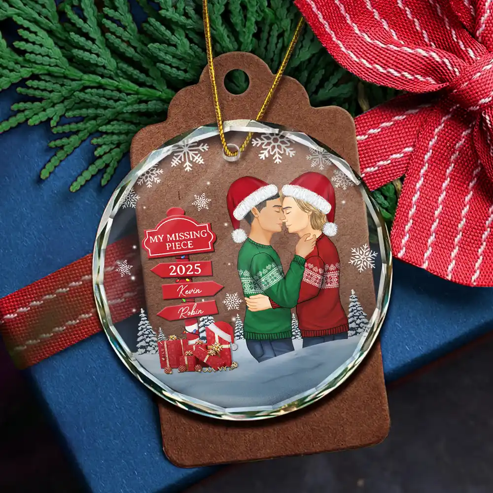 Christmas Couple Kissing Sign - Personalized Circle Glass Ornament - Image 5
