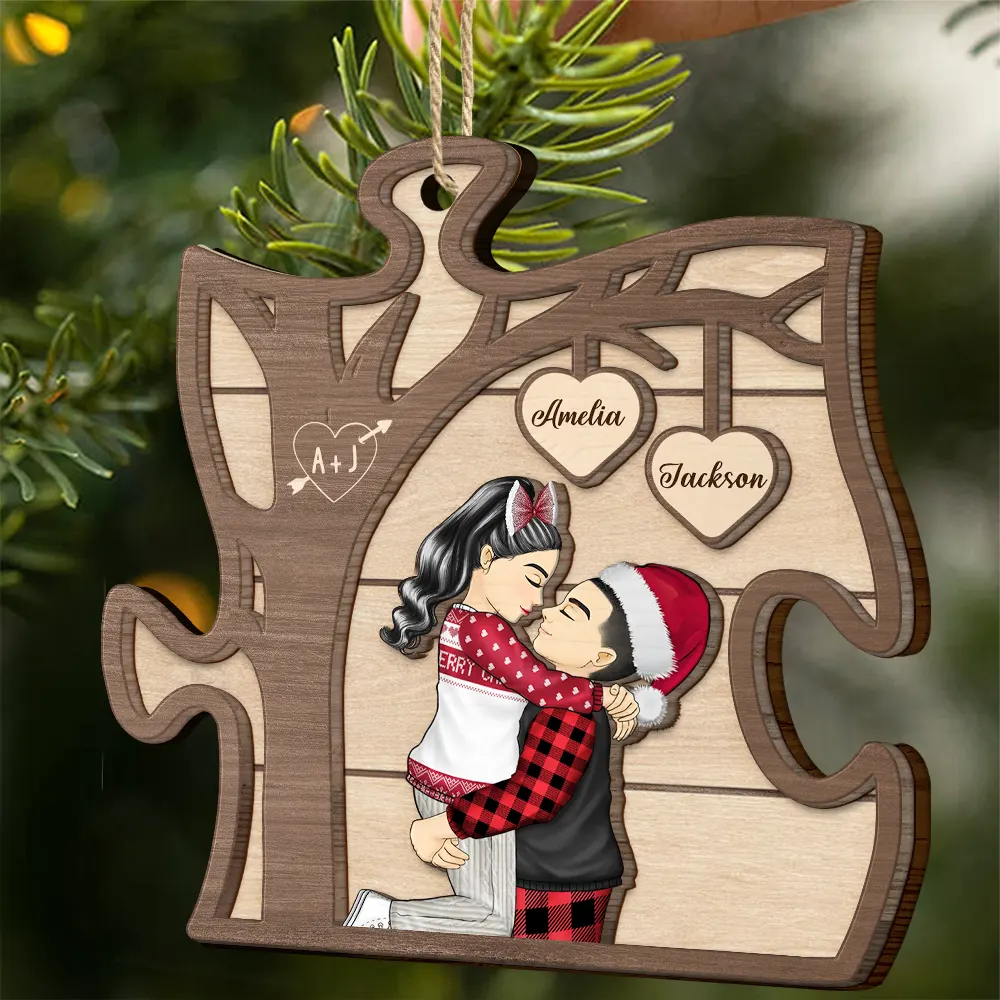 Christmas Couple Kissing Under The Tree - Personalized 2-Layered Wooden Ornament - Image 2