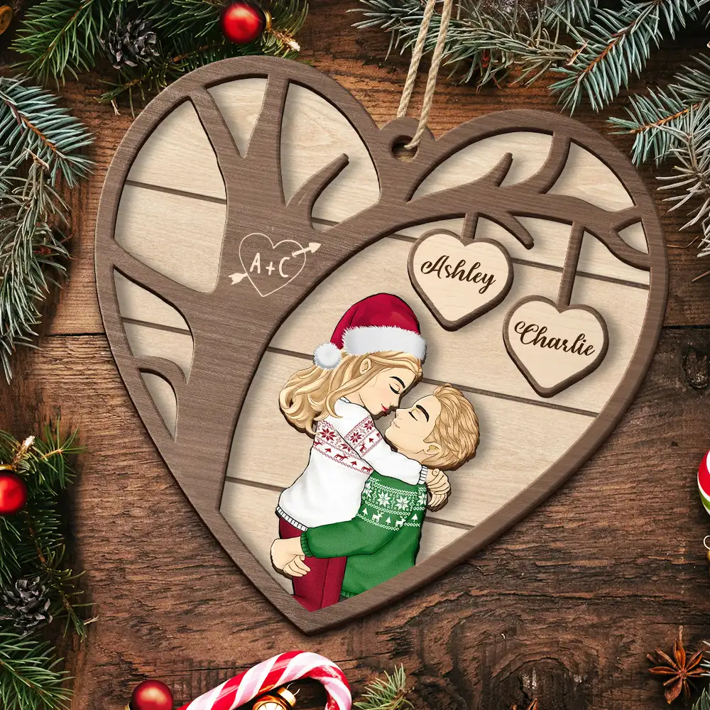 Christmas Couple Kissing Under The Tree - Personalized 2-Layered Wooden Ornament - Image 5