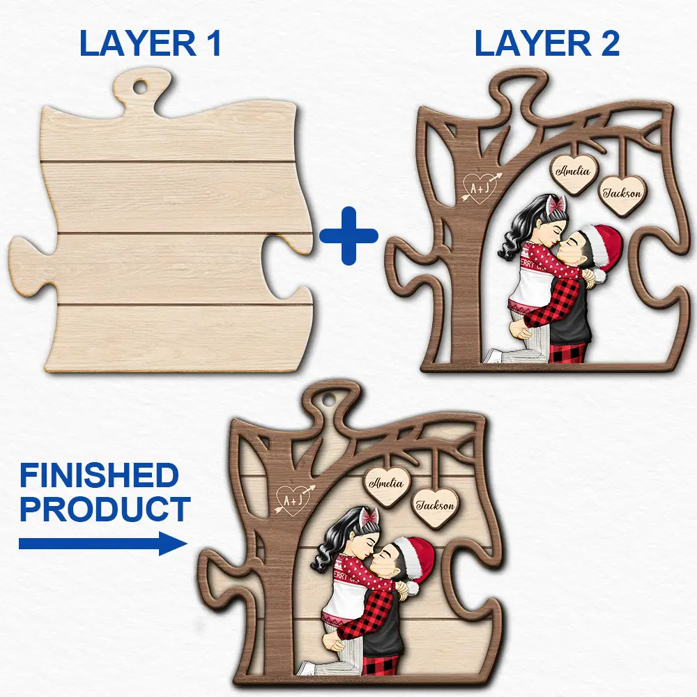 Christmas Couple Kissing Under The Tree - Personalized 2-Layered Wooden Ornament - Image 6