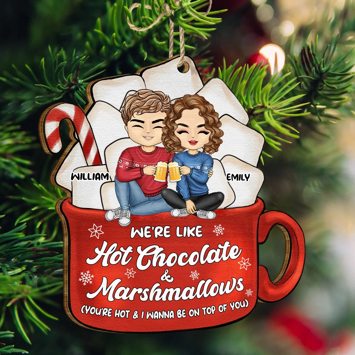 Christmas Couple Like Hot Chocolate & Marshmallow - Gift For Couples - Personalized Custom Shaped Wooden Ornament - Image 3