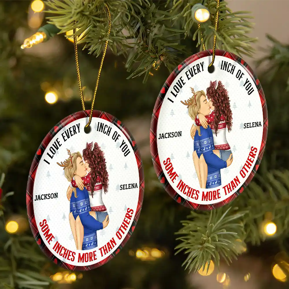 Christmas Couple Love Every Inch Of You - Personalized Circle Ceramic Ornament - Image 2