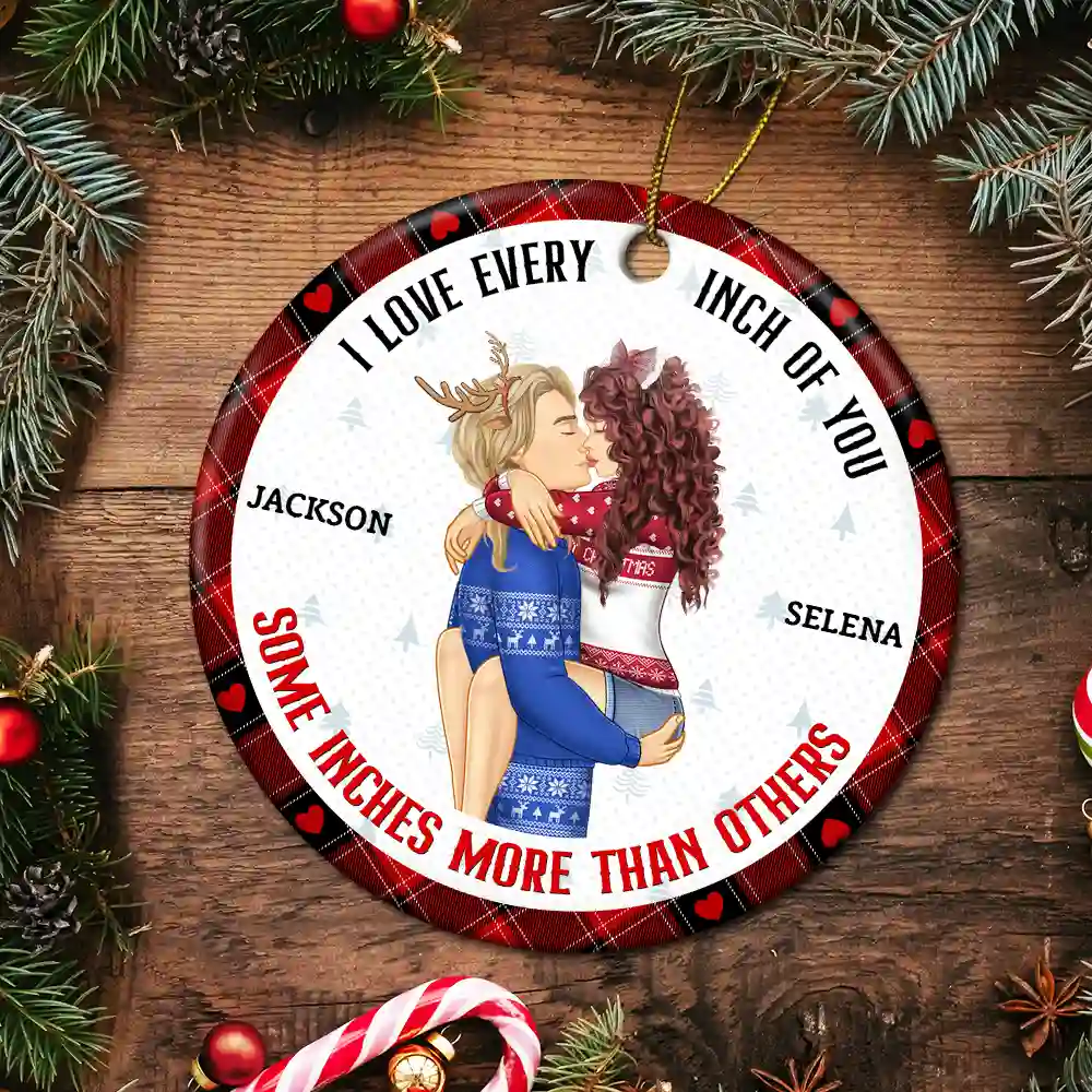 Christmas Couple Love Every Inch Of You - Personalized Circle Ceramic Ornament - Image 5