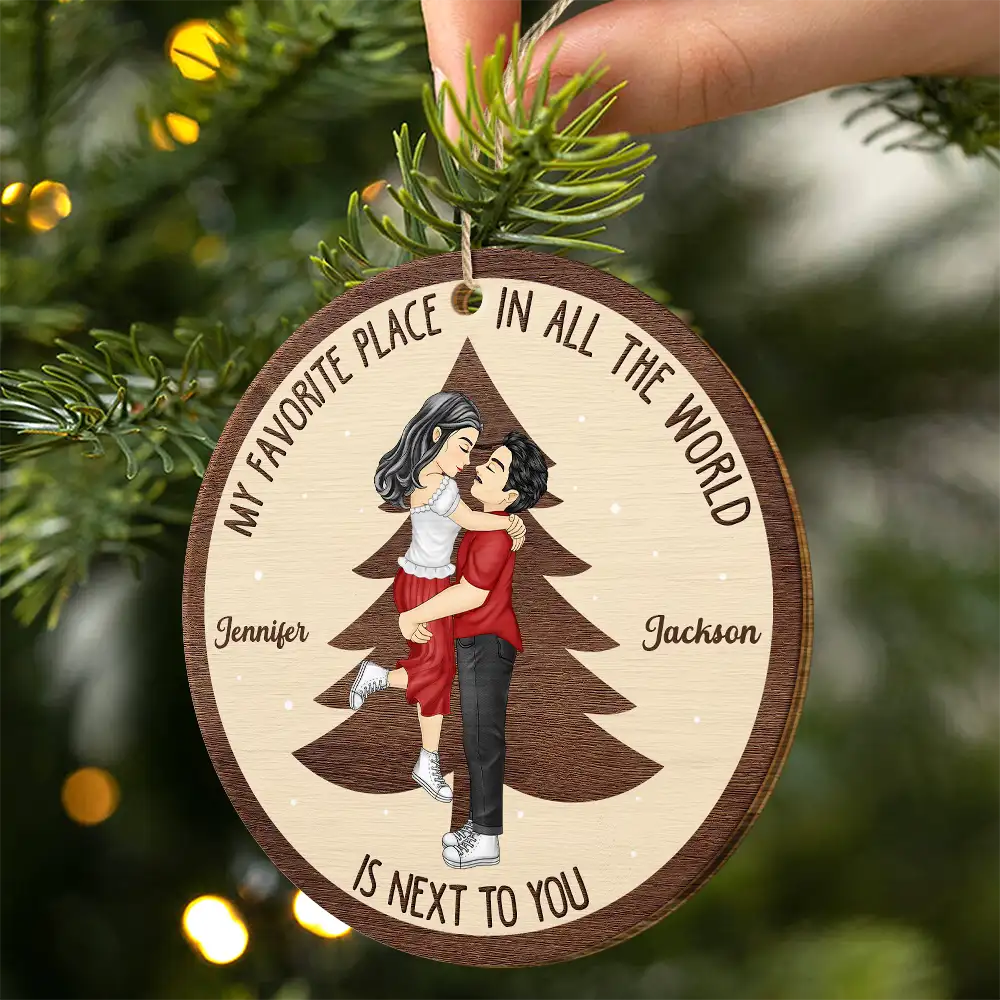 Christmas Couple My Favorite Place In All The World - Personalized Custom Shaped Wooden Ornament - Image 2