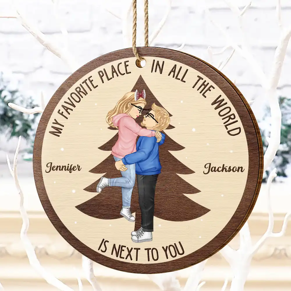 Christmas Couple My Favorite Place In All The World - Personalized Custom Shaped Wooden Ornament - Image 4