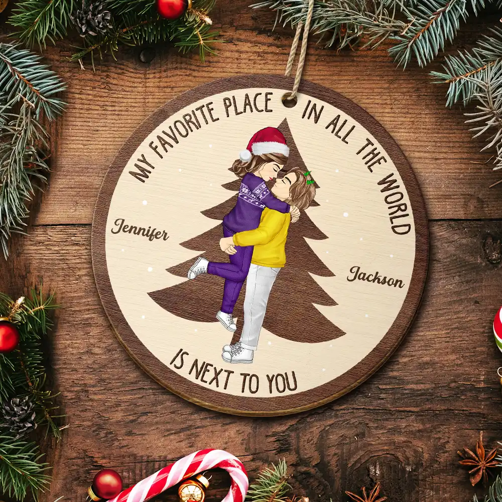 Christmas Couple My Favorite Place In All The World - Personalized Custom Shaped Wooden Ornament - Image 5