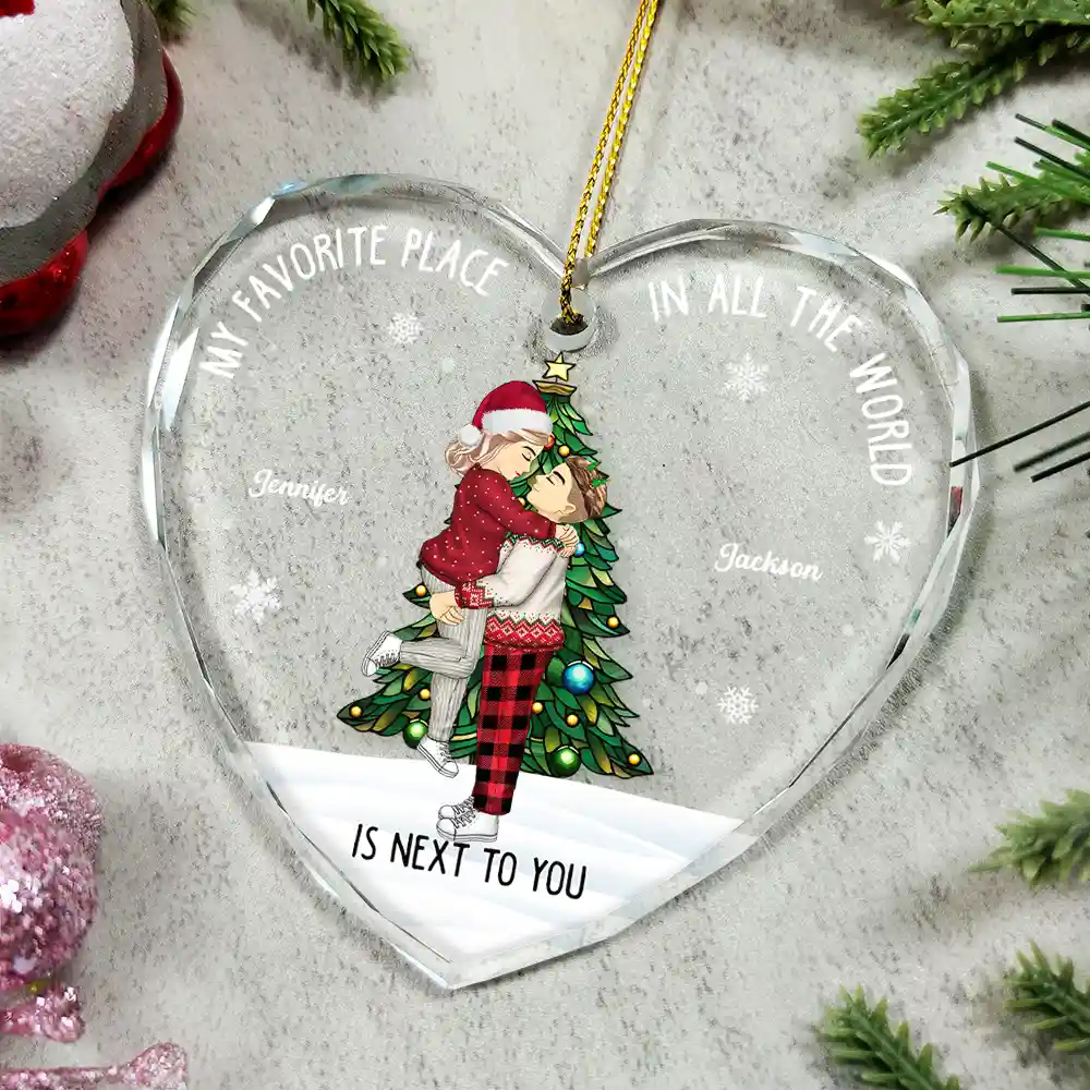 Christmas Couple My Favorite Place In All The World - Personalized Heart Shaped Glass Ornament - Image 4