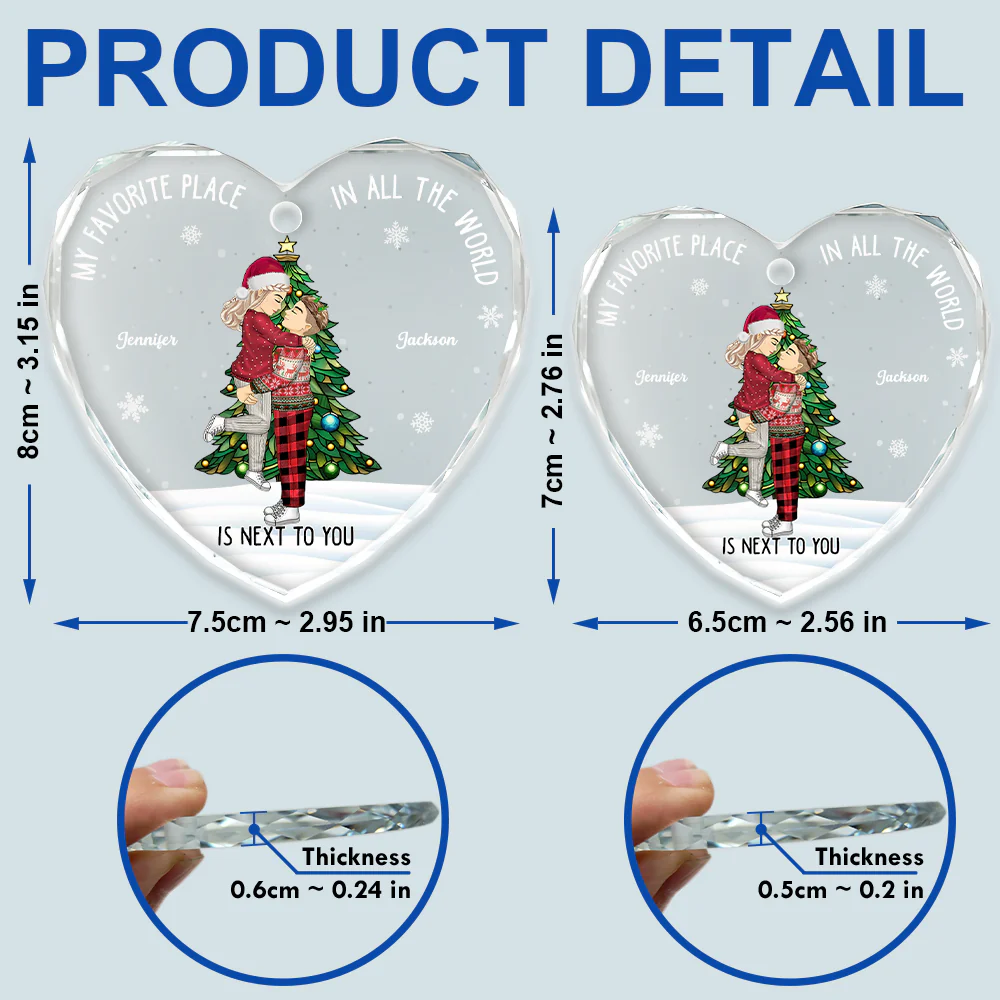 Christmas Couple My Favorite Place In All The World - Personalized Heart Shaped Glass Ornament - Image 5