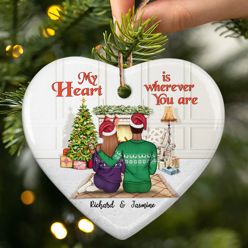 Christmas Couple My Heart Is Wherever You Are - Christmas Gift - Personalized Custom Heart Ceramic Ornament - Image 4