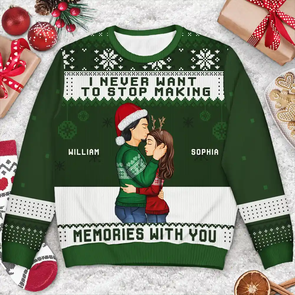 Christmas Couple Never Want To Stop Making Memories - Personalized Unisex Ugly Sweater - Image 3