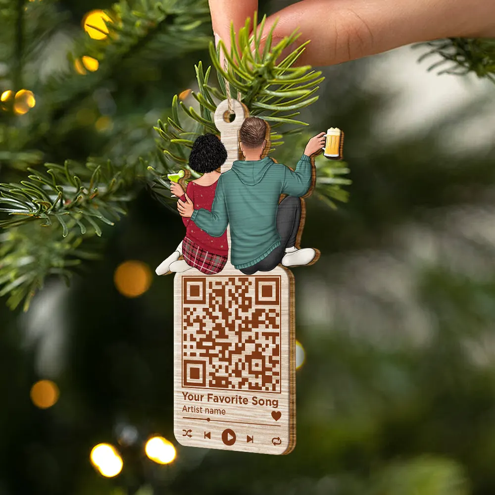Christmas Couple QR Code Favorite Song - Personalized Wooden Cutout Ornament - Image 3