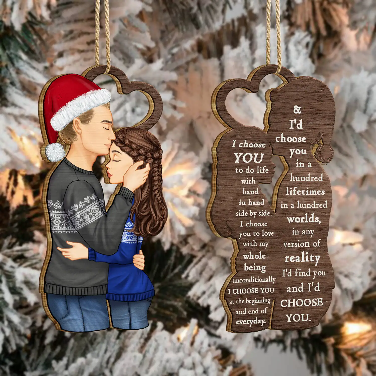 Christmas Couple Side View I Choose You - Gift For Couples - Personalized Wooden Ornament Print 2 Sides - Image 4