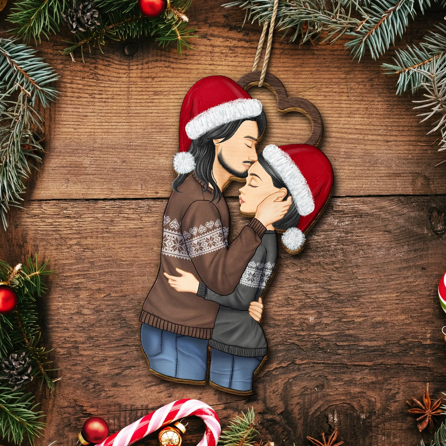 Christmas Couple Side View I Choose You - Gift For Couples - Personalized Wooden Ornament Print 2 Sides - Image 5