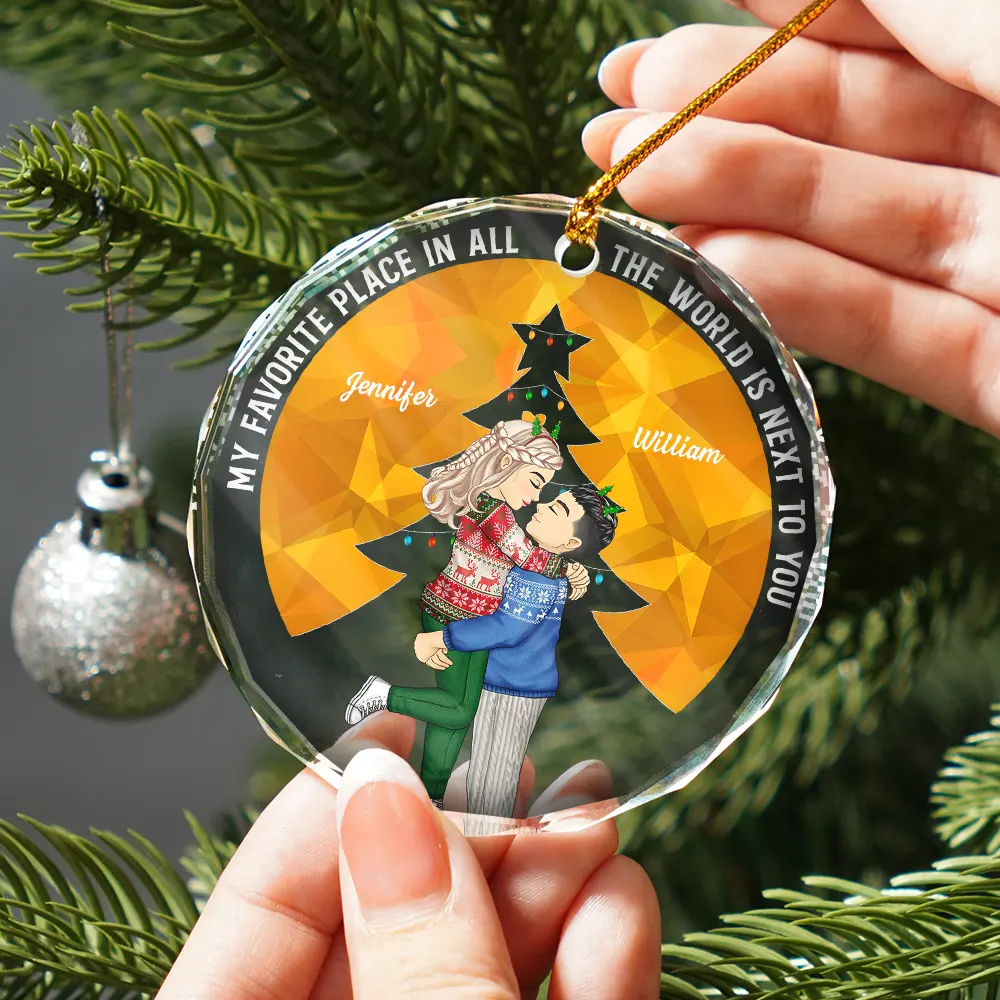 Christmas Couple Sideview My Favorite Place In All The World - Personalized Glass Ornament - Image 2