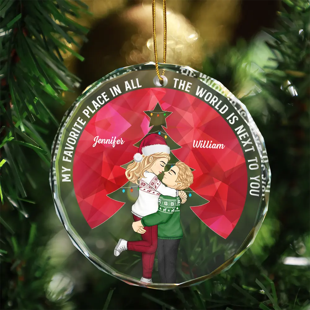 Christmas Couple Sideview My Favorite Place In All The World - Personalized Glass Ornament - Image 3
