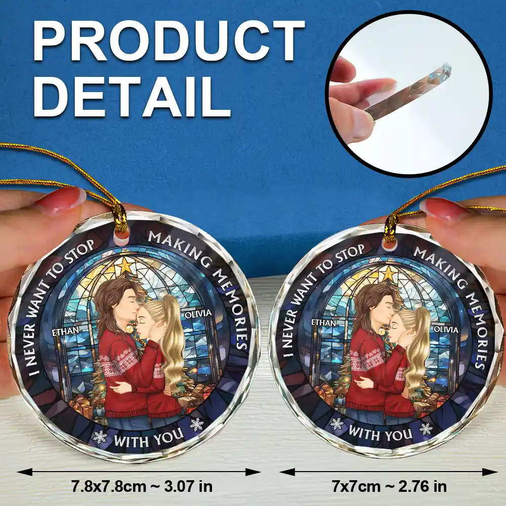 Christmas Couple Sideview Stained Glass Making Memories - Personalized Circle Glass Ornament - Image 6