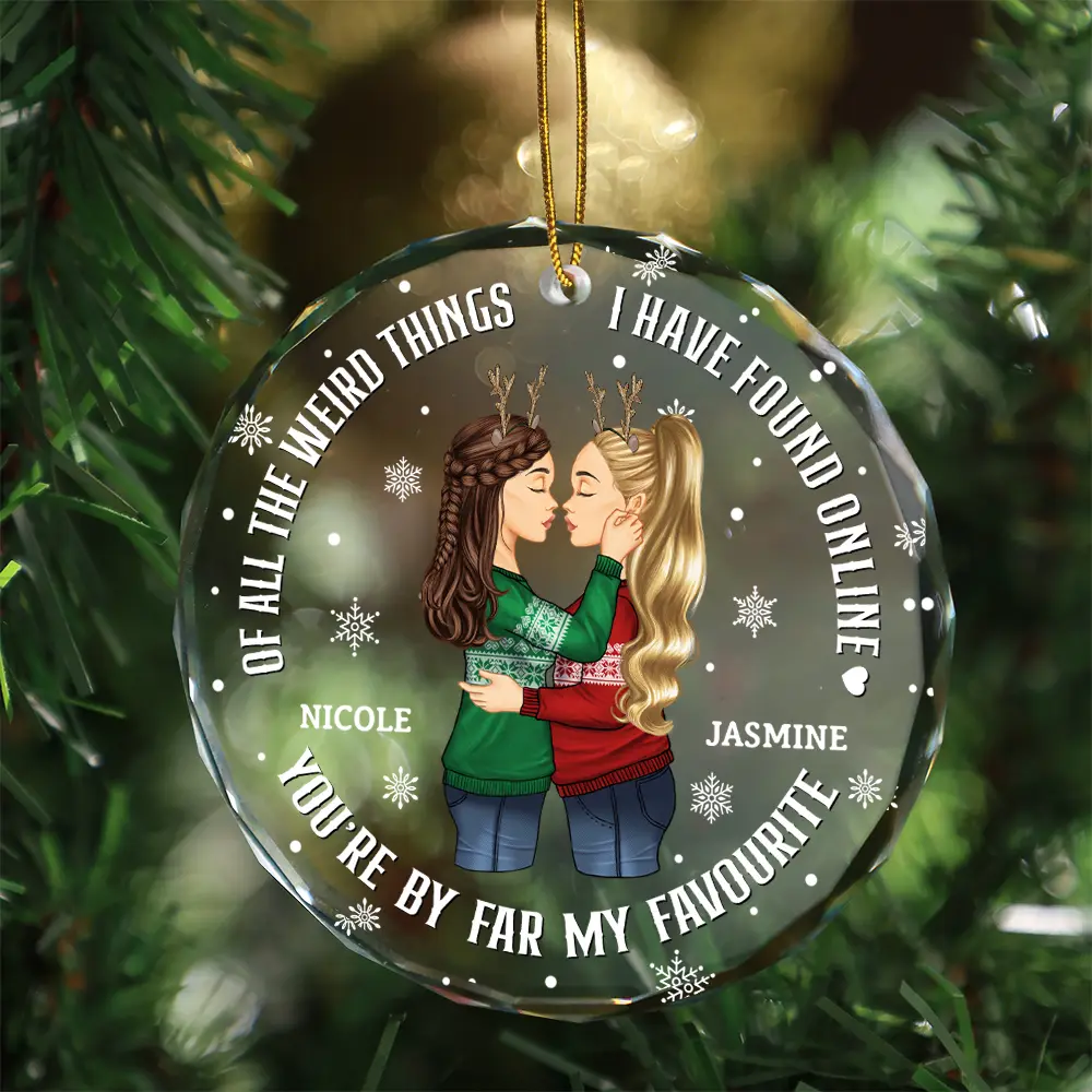 Christmas Couple Sideview You Are My Favorite By Far - Personalized Circle Glass Ornament - Image 3