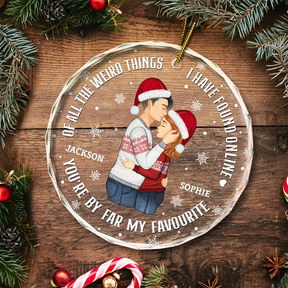 Christmas Couple Sideview You Are My Favorite By Far - Personalized Circle Glass Ornament - Image 5