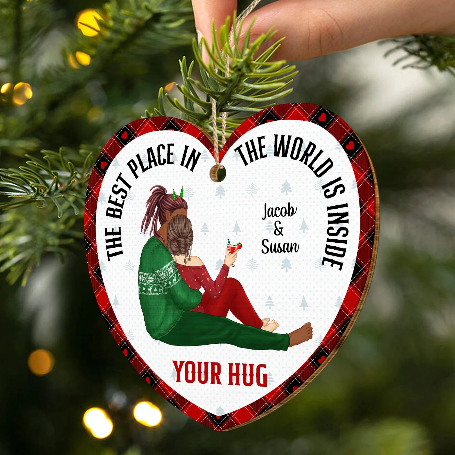 Christmas Couple The Best Place Is Inside Your Hug - Gift For Couples - Personalized Custom Shaped Wooden Ornament - Image 2