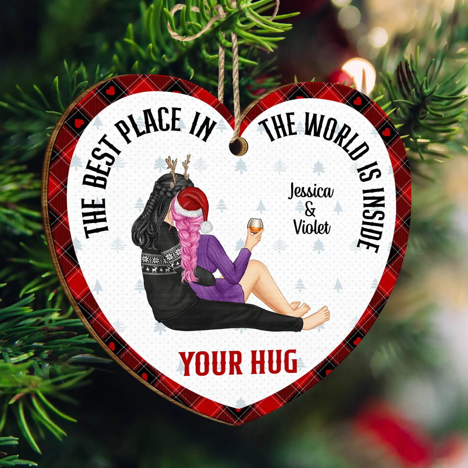Christmas Couple The Best Place Is Inside Your Hug - Gift For Couples - Personalized Custom Shaped Wooden Ornament - Image 3