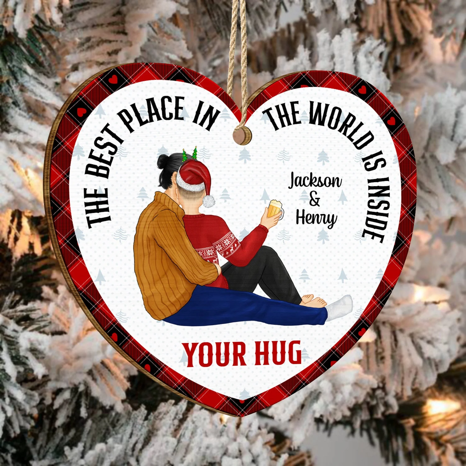 Christmas Couple The Best Place Is Inside Your Hug - Gift For Couples - Personalized Custom Shaped Wooden Ornament - Image 4