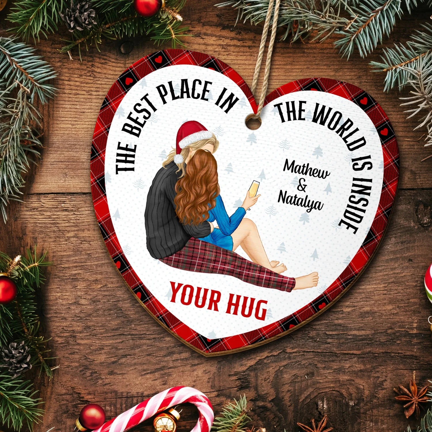 Christmas Couple The Best Place Is Inside Your Hug - Gift For Couples - Personalized Custom Shaped Wooden Ornament - Image 5