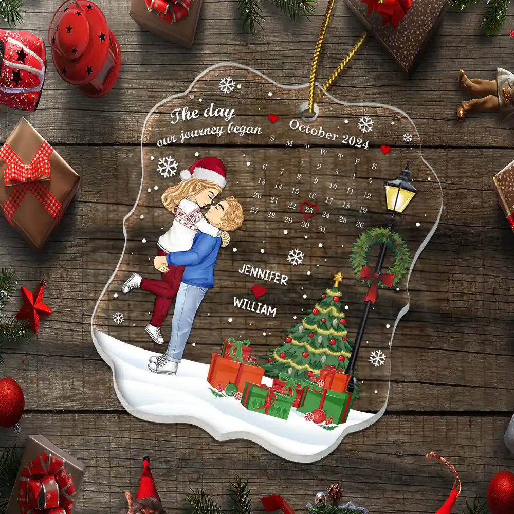 Christmas Couple The Day Our Journey Began - Personalized Custom Shaped Acrylic Ornament - Image 5