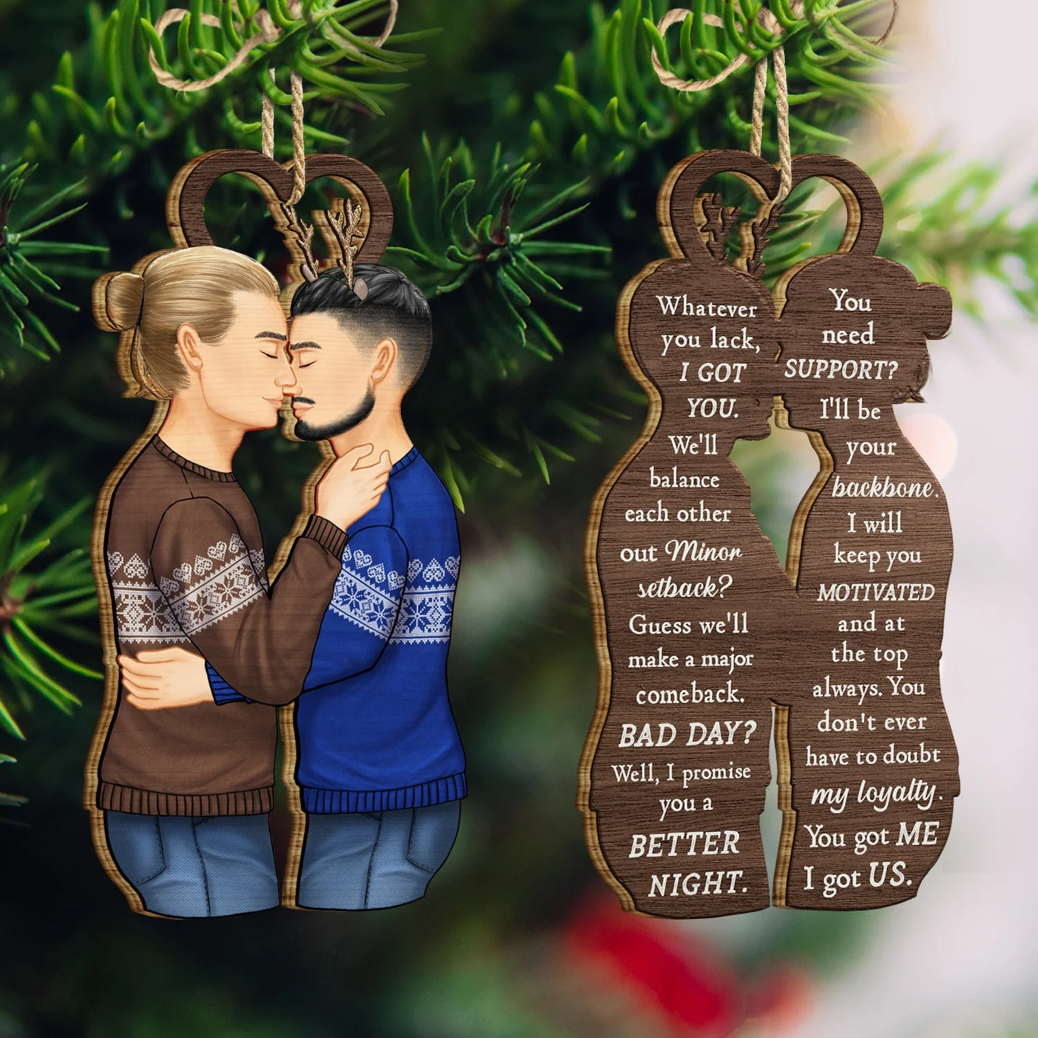 Christmas Couple We're A Team - Gift For Couples - Personalized Wooden Ornament Print 2 Sides - Image 3