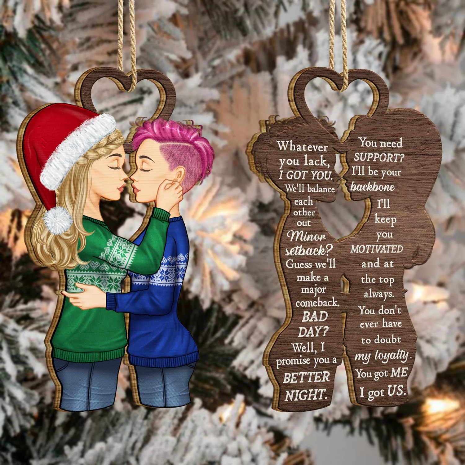 Christmas Couple We're A Team - Gift For Couples - Personalized Wooden Ornament Print 2 Sides - Image 4