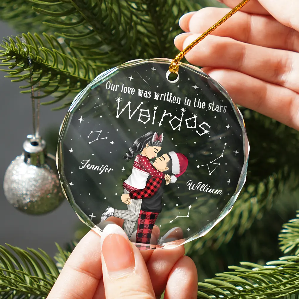 Christmas Couple Written In The Star - Personalized Circle Glass Ornament - Image 2
