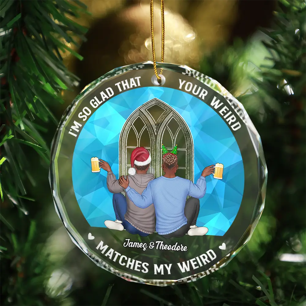 Christmas Couple Your Weird Matches My Weird - Personalized Circle Glass Ornament - Image 3