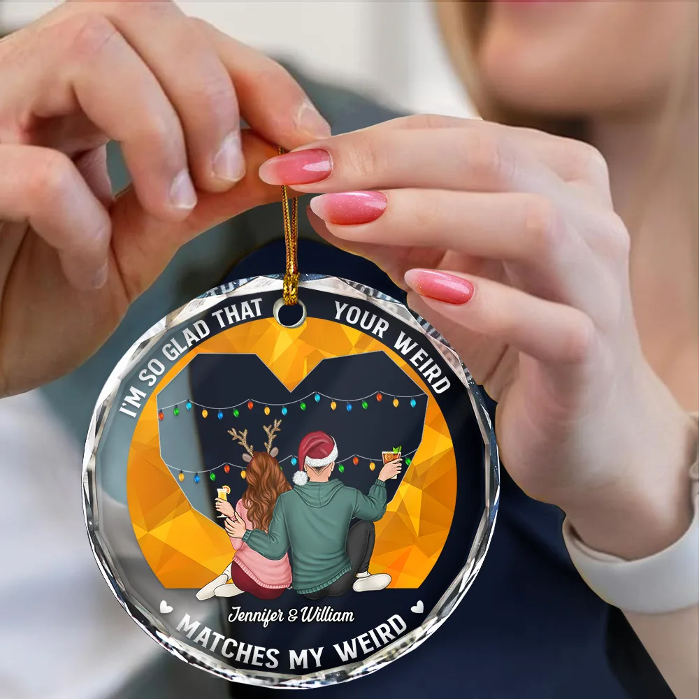Christmas Couple Your Weird Matches My Weird - Personalized Circle Glass Ornament - Image 4