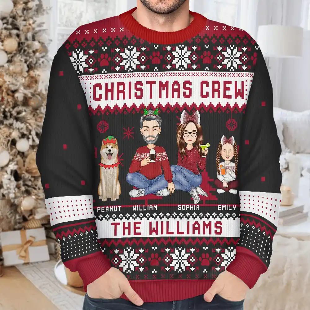 Christmas Crew Family With Dog Cat - Personalized Unisex Ugly Sweater - Image 4