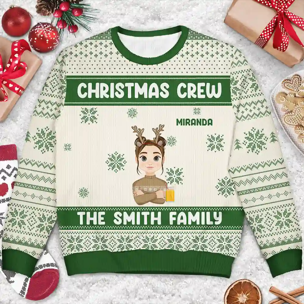 Christmas Crew Flat Art Family - Personalized Unisex Ugly Sweater - Image 3