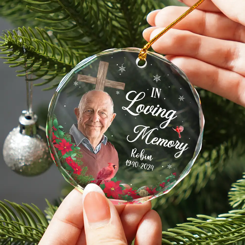 Christmas Custom Photo Memorial God Has You In His Hands - Personalized Circle Glass Ornament - Image 2