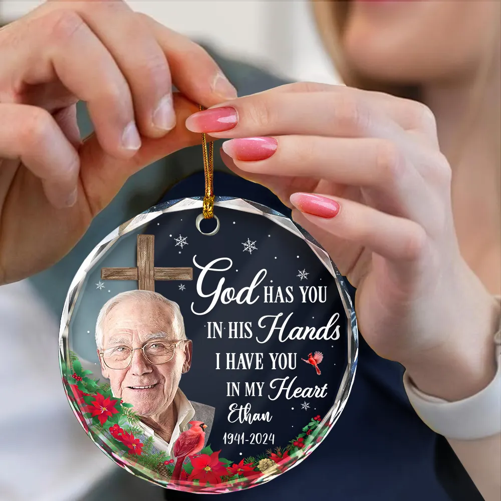 Christmas Custom Photo Memorial God Has You In His Hands - Personalized Circle Glass Ornament - Image 4