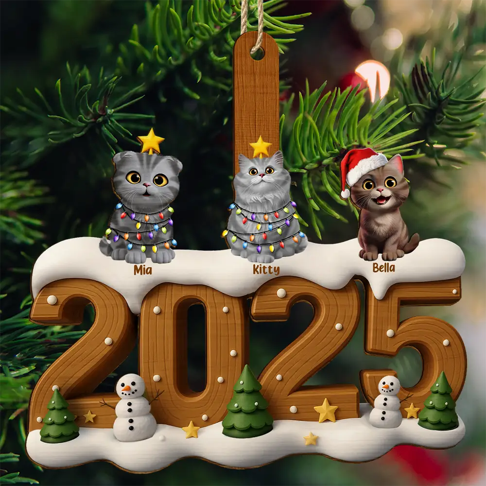 Christmas Cute 3D Effect Dog Cat - Personalized Custom Shaped Wooden Ornament - Image 2