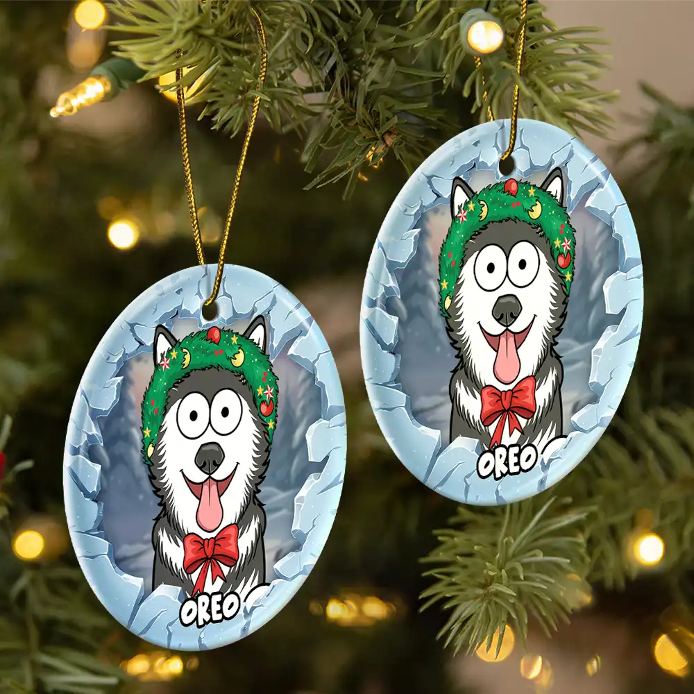 Christmas Dog Lovers Cat Lovers - 3D Inflated Effect Printed Ornament, Personalized Circle Ceramic Ornament - Image 2